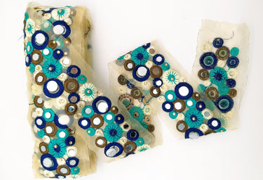 Gold Sheer Tissue Fabric Trim With Blue And Off White Circles and Floral Embroidery With Mirror Embellishments, Indian Mirrored Trim